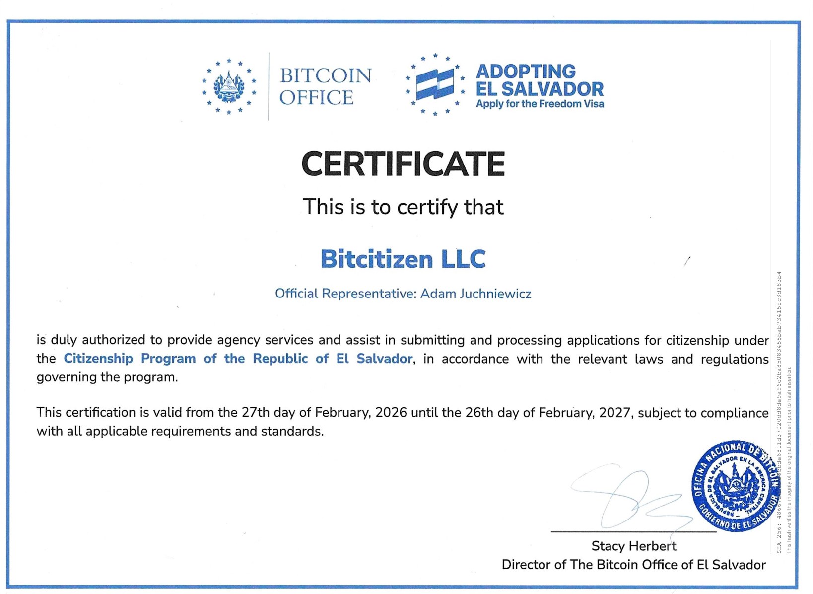 The El Salvador agent license issued to Bitcitizen LLC by The Bitcoin Office of El Salvador.